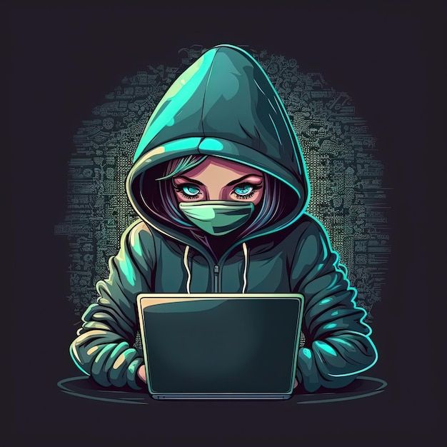 Sute girl hacker with laptop Avatar in cartoon style Black background Generated Ai | Premium AI-generated image